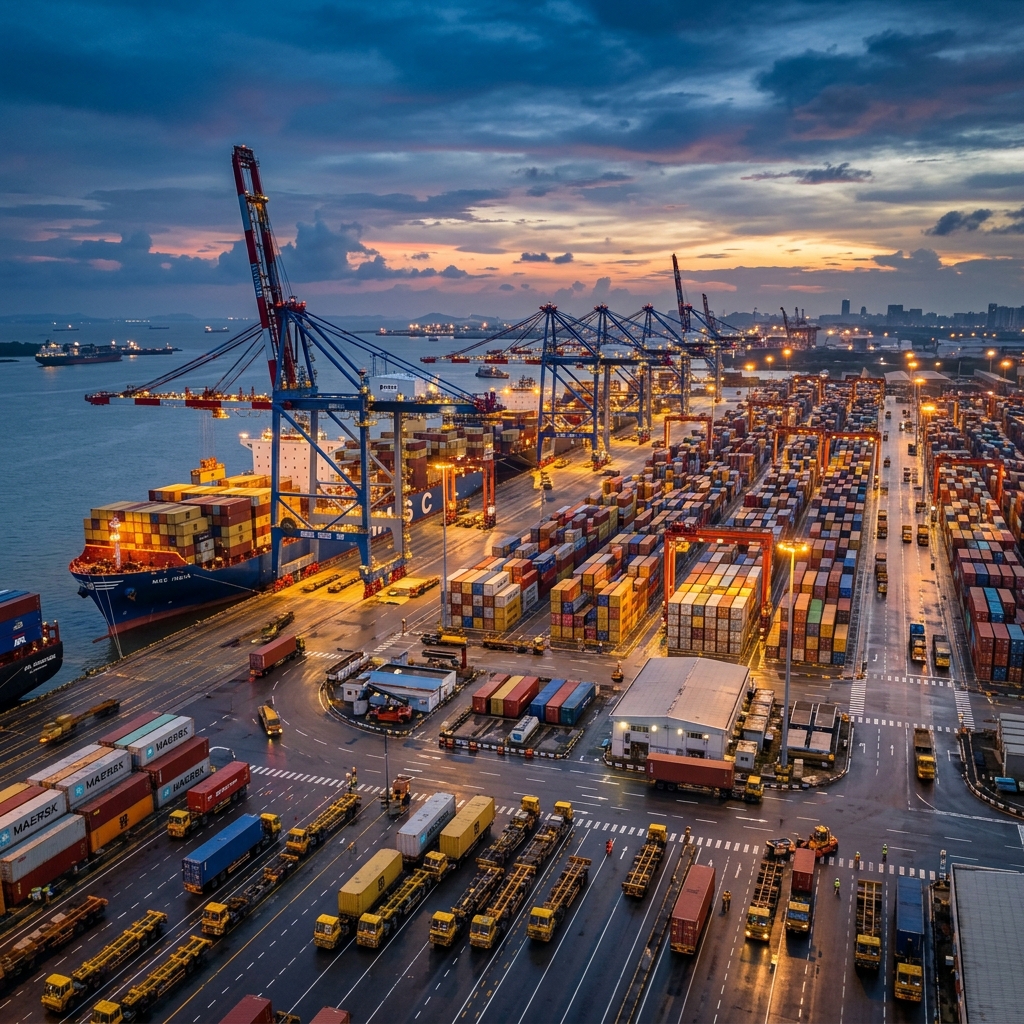 Container port with cranes, cargo ships and trucks